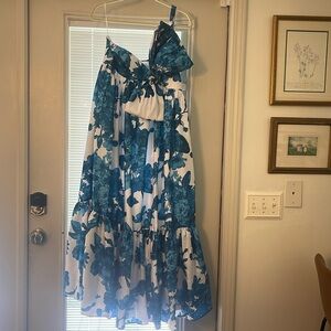 One Shoulder Blue Floral Dress